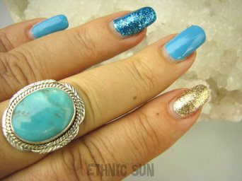 bpe8547 Śliczny OKAZ Pierścień Pierścionek naturalny TURKUS ARIZONA Turkusy r.20 egzotyczne Srebro 925 #