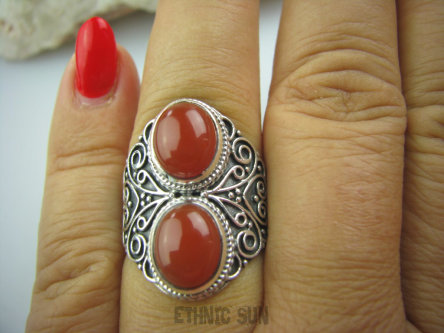 bpe5083 Orientalny Pierścień z onyksami czerwony ONYKS regeneruje SERCE, EGZEMY, PAMIĘĆ r.16/ r.17 Srebro 925 #