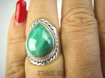 bpe6942 Orientalny Delikatny PIERŚCIEŃ z zielonym Malachitem Malachit - pobudza kreatywność r.17 Srebro 925 #