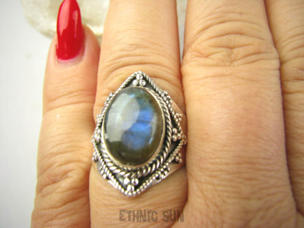 bpe8997 Egzotyczny Pierścień Pierścionek LABRADORYT Spektrolit - kamień Zorzy Polarnej r.19 SREBRO 925 #