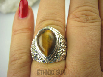 bpe6475 Egzotyczny Pierścień Obrączka Tygrysie Oko - Wspomaga Oczy Astma Krążenie i TRAWIENIE r.18 zdobiona obrączka Srebro 925 #