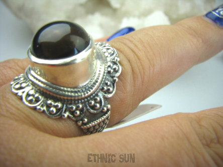 bpe5929 Śliczny Pierścień KWARC DYMNY brązowy KAMIEŃ ANTYSTRESOWY I USPOKAJAJĄCY r.19 Srebro 925 #