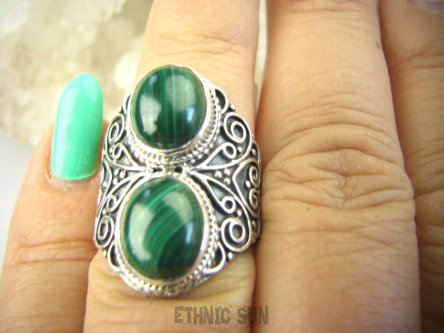 bpe8933 Biżuteria Egzotyczna !!! Pierścień Pierścionek Zielony MALACHIT - pobudza kreatywność r.13 Srebro 925 #