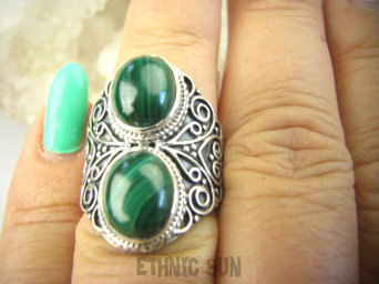 bpe8933 Biżuteria Egzotyczna !!! Pierścień Pierścionek Zielony MALACHIT - pobudza kreatywność r.13 Srebro 925 #