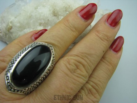 bpe5449 Niezwykły OKAZ Masywny Pierścień naturalny CZARNY ONYKS SERCE, EGZEMY,PAMIĘĆ r.17/ r.18 Srebro 925 #