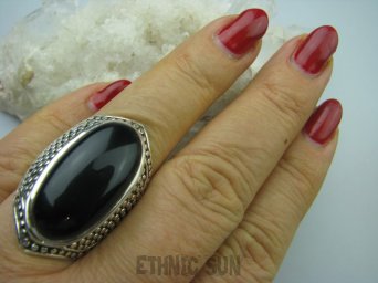 bpe5449 Niezwykły OKAZ Masywny Pierścień naturalny CZARNY ONYKS SERCE, EGZEMY,PAMIĘĆ r.17/ r.18 Srebro 925 #