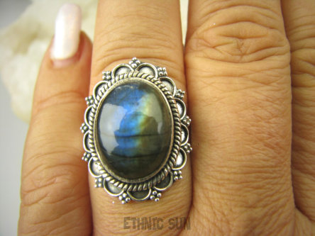 bpe8373 Słodki Pierścień Pierścionek Labradoryt Spektrolit - kamień Zorzy Polarnej r.18 Srebro 925 #