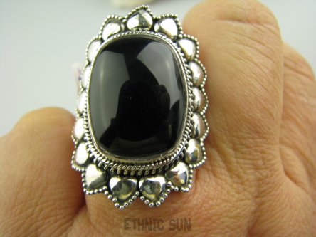 bpe3618 Elegancki MASYWNY Kruczoczarny Kwiat DUŻY Pierścień ONYKS r.14 / r.15 Srebro 925 #