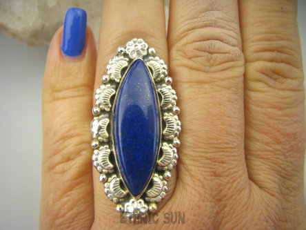 bpe7202 Orientalna Piękność DUŻY 4,2 cm cudownie zdobiony  Pierścień Królewski Lapis Lazuli - strażnik prawdy i mądrości r.15/ r.16 Srebro 925 #