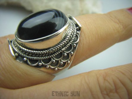 bpe5370 Niezwykły Pierścień AGAT BRAZYLIJSKI czarno brązowy z białymi pasmami w orientalnej oprawie r.15 Srebro 925 #