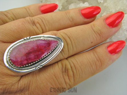 bpee4302 MALINOWA PIĘKNOŚĆ Długi Pierścień Pierścionek Rubin Indyjski Rubiny r.21/ r.22 Srebro 925 #