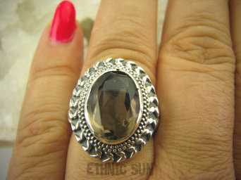 bpee3370 Elegancki Pięknie Zdobiony Pierścień szlifowany Kwarc Dymny - kamień antystresowy r.17 Srebro 925 #