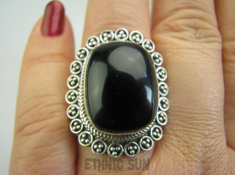 bpe4390 PIĘKNY OKAZ !!!  Duży i śliczny Pierścień z onyksem ONYKS regeneruje SERCE, EGZEMY, PAMIĘĆ r.17 Srebro 925 #