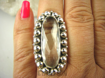 bpee3788 Cudowny kryształowy Długi 4 cm Pierścień OKAZ Bezbarwny Kryształ górski Odpromiennik r.23 Srebro 925 #