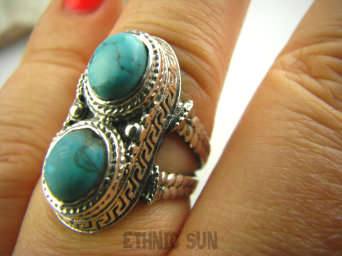 bpe2701 Cudny PIERŚCIEŃ Greckie wzory naturalny TURKUS - turkusy  r.17 Srebro 925 #