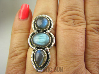 bpe9100 Biżuteria Orientalna -  Wielobarwne CUDO Długi 3.8 cm Pierścień Pierścionek Labradoryt Spektrolit kamień Zorzy Polarnej r.16 Srebro 925 #