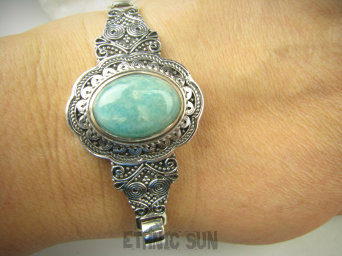 bb3616 Mocno zdobiona Księżna BRANSOLETA Bransoletka 32 g Bangla z możliwością odpinania Amazonit - pomaga radzić sobie ze strachem i zmartwieniami Srebro 925 #