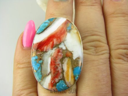 bpe8877 Wielobarwny Duży Pierścień Pierścionek OSTRYGOWY TURKUS MIEDZIANY TOSTRYGA Muszla złota MIEDZ r.13/r.14 Srebro 925 #