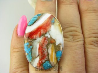 bpe8877 Wielobarwny Duży Pierścień Pierścionek OSTRYGOWY TURKUS MIEDZIANY TOSTRYGA Muszla złota MIEDZ r.13/r.14 Srebro 925 #