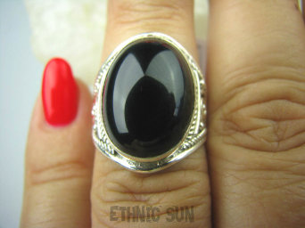 bpe6105 Śliczny Orientalny Pierścień Czarny ONYKS regeneruje SERCE, EGZEMY, PAMIĘĆ r.13 ażurowa obrączka Srebro 925