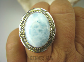 bpe8367 Pierścień Pierścionek RZADKI Anielski kamień Błękitny LARIMAR - stawy, serce, lęki , otwiera czakrę gardła r.14/ r.15 Srebro 925 #