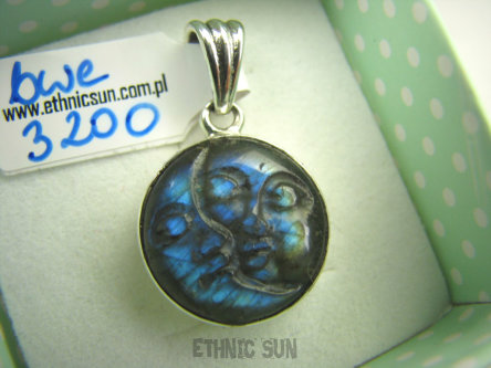 bwe3200 Delikatny Wisior Dwie Twarze - Księżyc i Słońce Labradoryt Spektrolit Kamień Zorzy Polarnej Srebro 925