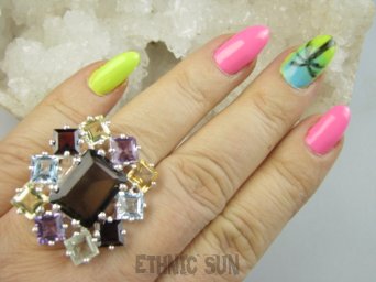 bpee4520 Wooow LŚNIĄCY KLAJNOT PIĘKNY WIELOBARWNY CZWOROKĄT DUŻY OKAZ 18g !! Pierścień Pierścionek naturalny Kwarc Dymny, Cytryn, Ametyst, Granaty, Blue Topaz r.19 SREBRO 925 #