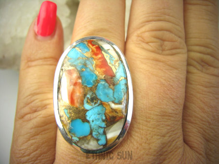 bpe7861 Wielobarwna złocista Ostryga Klasyczny Pierścień OSTRYGOWY TURKUS MIEDZIANY Turkus OSTRYGA Muszla złota MIEDZ r.18/r.19 Srebro 925 #
