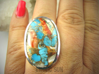 bpe7861 Wielobarwna złocista Ostryga Klasyczny Pierścień OSTRYGOWY TURKUS MIEDZIANY Turkus OSTRYGA Muszla złota MIEDZ r.18/r.19 Srebro 925 #