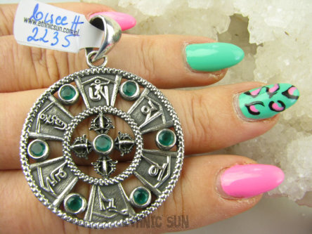 bwee2235 Cudowna Duża MANDALA Amulet Święta Mantra Ochronna OM MANI PADME HUM oraz Krzyż Dorje - Niezniszczalność, Zielony Onyks Srebro 925 #