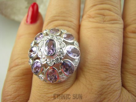 bpee4111 Lśniąca Kopuła Piękny Pierścień Pierścionek Fioletowy Ametyst oraz Cyrkonie r.18 SREBRO RODOWANE 925 #
