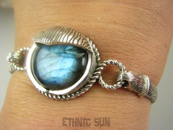 bb3734 NOWOŚĆ !!! Pięknie zdobiona OTWIERANA BRANSOLETA 30 g Bransoletka Bangla z możliwością odpinania na szczuple dłonie Labradoryt Spektrolit Srebro 925 #