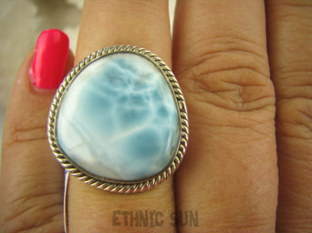 bpe6411 Błękitno Niebieski Pierścień Rzadki Larimar (kamień Anielski ) - stawy, serce lęki, otwiera czakrę gardła r.15 Srebro 925 #