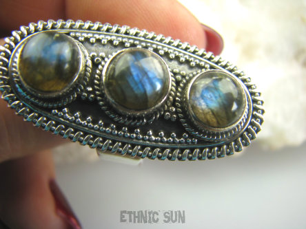 bpe4432 DUŻY DŁUGI 3.8 cm ! Pierścień Potrójny LABRADORYT SPEKTROLIT - kamień Zorzy Polarnej r.14 Srebro 925 #