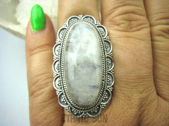 bpe6084 Duży  Pierścień Biały, Niebieski Kamień Księżycowy r.19/r.20 Srebro 925 #
