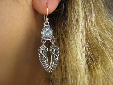 bkee920 Długie 5 cm Egzotyczne Kolczyki Błękitny Blue Topaz Indian Nawaho Orle Pióro Srebro 925 