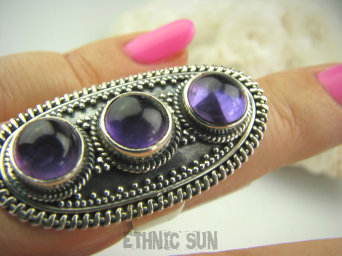bpe4279 DUŻY DŁUGI 3.8 cm ! Pierścień Potrójny AMETYST - kamień mądrości r.15 Srebro 925 #