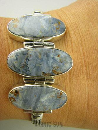 bb2934 ELEGANCKA unikatowa Wielobarwna SZARO BŁĘKITNY Z RUDYM Iskrzący Pietersyt z Namibii - KAMIEŃ BURZY Prześliczna Bransoleta Srebro 925 #