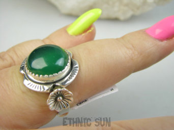 bpe9591 Biżuteria Orientalna Delikatna piękność śliczny Pierścień Pierścionek Zielony Onyks r.16 Srebro 925 #