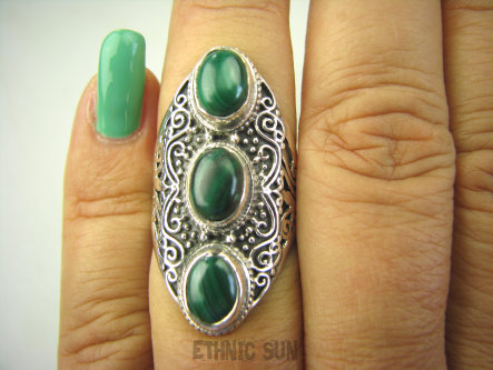 bpe8291 Biżuteria Egzotyczna !!! Długi Pierścień Pierścionek MALACHIT - pobudza kreatywność r.15/ r.16 szeroka obrączka Srebro 925 #