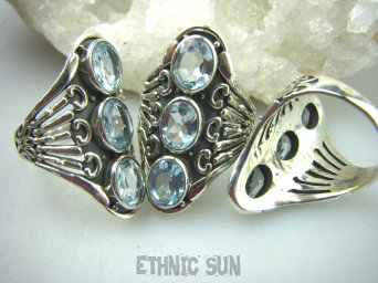 bpee3108 Długi Olśniewający Egzotyczny Pierścień Blue Topaz - kamień młodości r.13/ r.14 szeroka ażurowa obrączka SREBRO 925 #