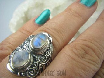 bpe5805 Podwójna Księżycowa Piękność Pierścień Przeświecający KAMIEŃ KSIĘŻYCOWY r.18 zdobione Srebro 925 #