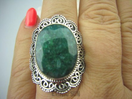 bpee2852  WIELKI I PIĘKNY  SZMARAGDOWY KLEJNOT !!!! Kunsztowny DUŻY Pierścień zielony Szmaragd Indyjski w morskich falach Szmaragdy r.21 Srebro 925 #
