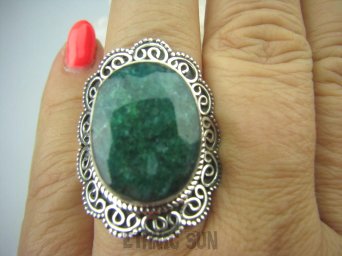 bpee2852  WIELKI I PIĘKNY  SZMARAGDOWY KLEJNOT !!!! Kunsztowny DUŻY Pierścień zielony Szmaragd Indyjski w morskich falach Szmaragdy r.21 Srebro 925 #