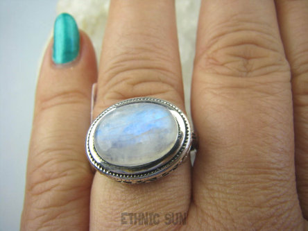 bpe5825 Cudny Wysoki Pierścień Biały chabrowy niebieski Kamień Księżycowy r.22 Srebro 925 #