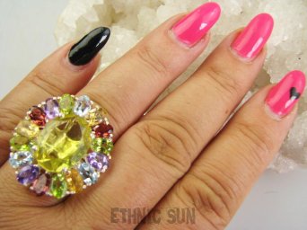 bpee4709 Wooow BOSKO PIĘKNY WIELOBARWNY Lux Pierścień Pierścionek naturalny Cytryn Lemon, Ametyst, Granaty, Oliwin, Blue Topaz r.18 SREBRO 925 #