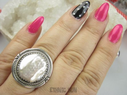 bpee4474 Wielka PERŁA BIWA CUDO piękny Elegancki Pierścień Pierścionek z niesamowitą DUŻA opalizująca perła r.19 Srebro 925 #