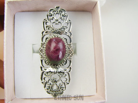 bpe9677 Biżuteria Orientalna POEZJA Ażurowy DŁUGI Pierścień Pierścionek naturalny Zoisyt z Rubinem r.15 Srebro 925 #