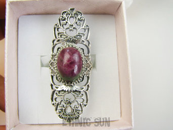 bpe9677 Biżuteria Orientalna POEZJA Ażurowy DŁUGI Pierścień Pierścionek naturalny Zoisyt z Rubinem r.15 Srebro 925 #