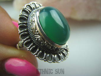 bpe4981 OKSYDOWANY MELONIK  !!!  Duży i Piękny OKAZ Pierścień zielony ONYKS regeneruje SERCE, EGZEMY, PAMIĘĆ r.15 Srebro 925 #